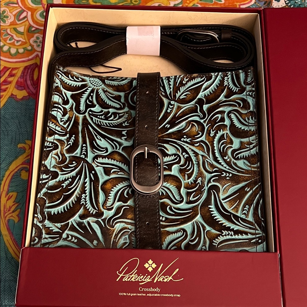 Patricia Nash Turquoise and Brown Embossed Messenger Bag